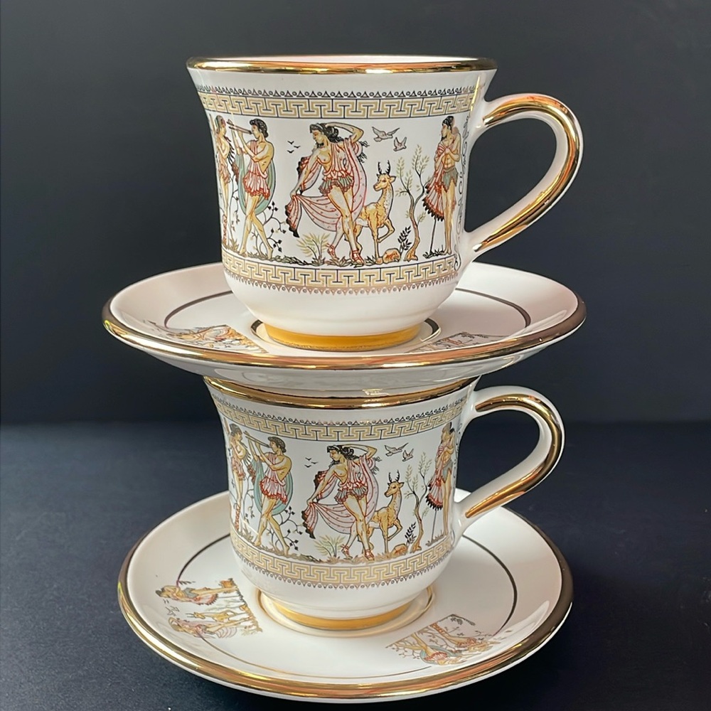 T Dagounis Tea Cup and Saucer Set X2 Hand Made Greece 24 K Gold Greek Mythology
